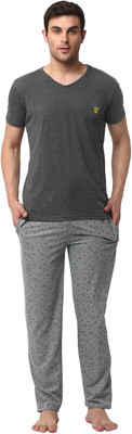 MACK JONNEY Men Printed, Self Design Grey, Silver Top & Pyjama Set