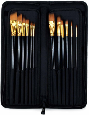 Kiki Paint brush Set Artist Quality Long Handled Paint Brushes with Zippered Carry Case/Pop-Up Stand, 12 Piece Set(Set of 12, Black, Golden)