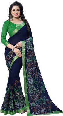 RUKHA FAB Printed Sambalpuri Georgette, Chiffon Saree(Dark Blue, Brown)