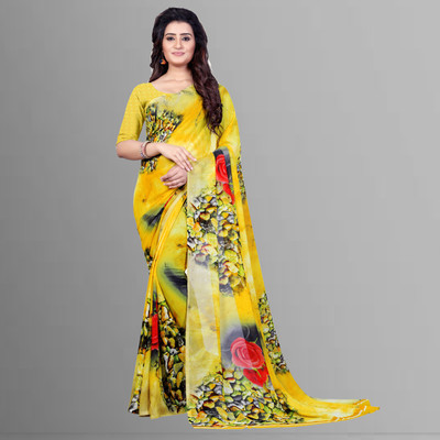 ANAND Printed, Floral Print Bollywood Georgette Saree(Yellow)