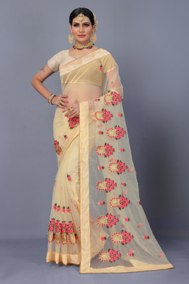 MYSTERY BOX Embroidered Bollywood Net Saree(Cream)