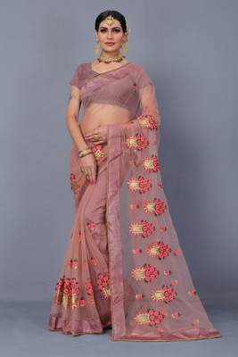 MYSTERY BOX Embroidered Bollywood Net Saree(Brown)
