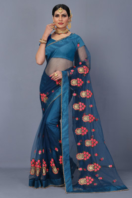 MYSTERY BOX Embroidered Bollywood Net Saree(Dark Blue)
