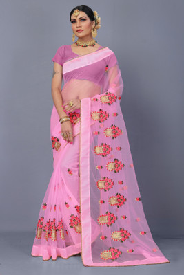 MYSTERY BOX Embroidered Bollywood Net Saree(Pink)