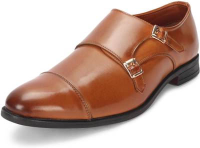 MUTAQINOTI Tan Royal Leather Double Monk Shoes for Men Casual for