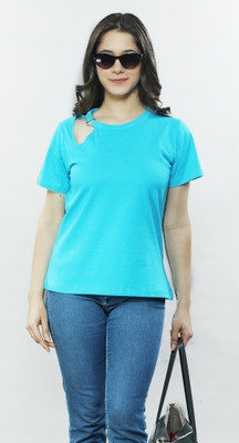 BASE 41 Casual Short Sleeve Solid Women Light Blue Top