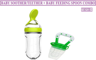 TINNY TOTS Infant squeeze Fresh Food Grade Silicone Bottle Feeder with Food Dispensing Spoon & Food Fruit Vegetable Soother/Teether/ Pacifier/Nibbler For Infants/Babies/Toddlers Teether and Feeder(Green)