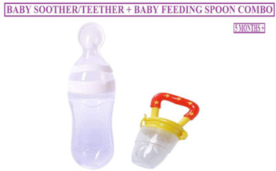 TINNY TOTS Infant squeeze Fresh Food Grade Silicone Bottle Feeder with Food Dispensing Spoon & Food Fruit Vegetable Soother/Teether/ Pacifier/Nibbler For Infants/Babies/Toddlers Teether and Feeder(White)