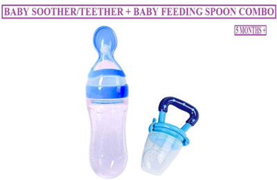 TINNY TOTS Infant squeeze Fresh Food Grade Silicone Bottle Feeder with Food Dispensing Spoon & Food Fruit Vegetable Soother/Teether/ Pacifier/Nibbler For Infants/Babies/Toddlers Teether and Feeder(Blue)