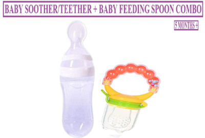 TINNY TOTS Infant squeeze Fresh Food Grade Silicone Bottle Feeder with Food Dispensing Spoon & Food Fruit Vegetable Rattle Soother/Teether/ Pacifier/Nibbler For Infants/Babies/Toddlers Teether and Feeder(WHITE,GREEN)