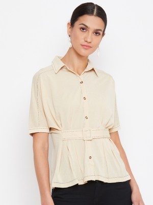 VIBE Casual Half Sleeve Solid Women Beige Top