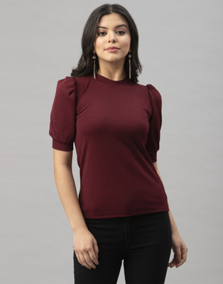 Selvia Casual Half Sleeve, Puff Sleeve Solid Women Maroon Top