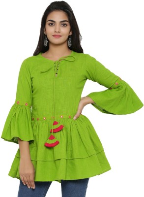 AKIKO Casual Bell Sleeve Embellished Women Green Top