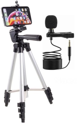 Naeco 3110 Mobile Phone & Camera Stand Holder Tripod Kit with Collar Microphone Kit with Voice Recording Filter Mic for Recording Singing YouTube (2in1 Combo Pack) Tripod, Monopod Kit, Tripod Kit, Monopod (Silver, Black, Supports Up to 3000 g) Tripod Kit(Silver, Supports Up to 3000 g)