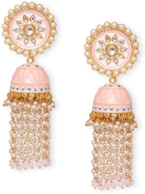 fabula Light Pink & Peach Meenakari Enamel Floral Long Pearl Tassel Ethnic Pearl, Mother of Pearl Brass, Metal Jhumki Earring