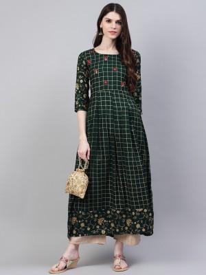 Stylum Women Checkered Flared Kurta(Dark Green, Gold)