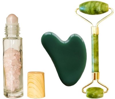 Getmecraft Rose Quartz Bottle Roller With Jade Roller and Gua Sha set Jade Roller For Face Massager with Rose Quartz ESSENTIAL OIL BOTTLE ROLLER Facial Roller with Gua Sha Scraping Tool, Eye Treatment Natural Anti-aging, Skin Tightening Massager(Green)