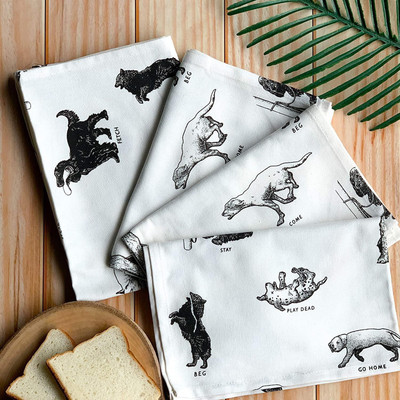 Pixel Home Dog Design Premium Cotton Multi Purpose Towel - Designer Made Towel for Tables (Set of 4 Pcs, Dog Print) White, Black Cloth Napkins(4 Sheets)