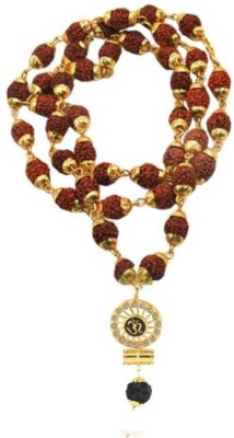 Dwarka Designs Religious Jewelry Om Yoga Sun Shape Shiv Mahadev Damaru Locket With Gold Cap Panchmukhi Rudraksha Mala Gold-plated Cubic Zirconia, Beads Brass, Wood Pendant Set Gold-plated Plated Brass Chain