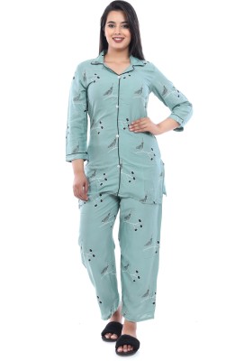 Namo Buddhay Fashion Women Printed Light Blue Shirt & Pyjama set