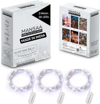 MANSAA 20 LEDs 1.98 m Silver, White Steady String Rice Lights(Pack of 3)