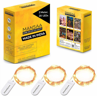 MANSAA 20 LEDs 1.98 m Yellow, Gold Steady String Rice Lights(Pack of 3)