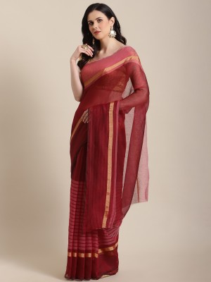 Grubstaker Striped Bollywood Cotton Blend Saree(Pink)