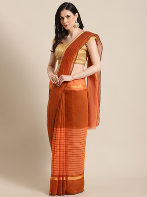 Grubstaker Solid/Plain Bollywood Cotton Blend Saree(Orange)