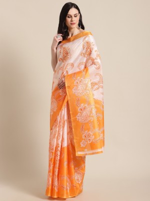 Grubstaker Printed Assam Silk Art Silk Saree(Yellow)