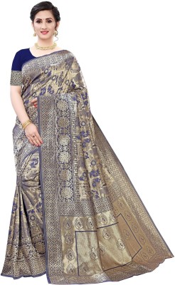 Voomannia Printed Banarasi Jacquard, Art Silk Saree(Dark Blue)