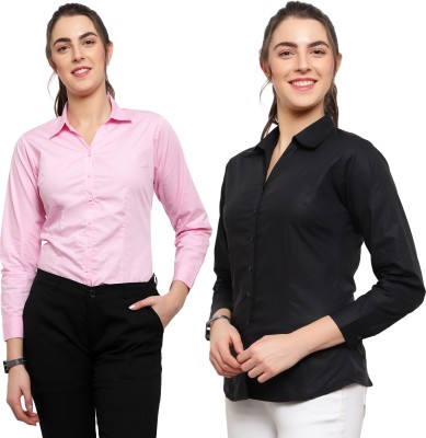 Blue Ronin Women Solid Formal Pink, Green Shirt(Pack of 2)