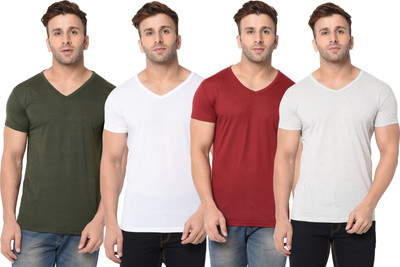 Tivy Solid Men V Neck Dark Green, White, Maroon T-Shirt