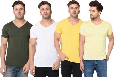 Adorbs Solid Men V Neck Dark Green, White, Yellow T-Shirt