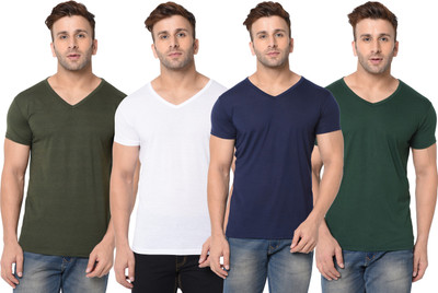 Jangoboy Solid Men V Neck Dark Blue, Dark Green, White T-Shirt