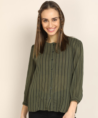 LEVI'S Casual 3/4 Sleeve Striped Women Green Top