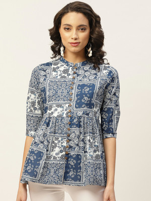 Shae by SASSAFRAS Casual 3/4 Sleeve Printed Women Dark Blue, White Top