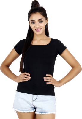 POPWINGS Casual Half Sleeve Solid Women Black Top