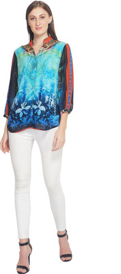TSM Casual 3/4 Sleeve Printed Women Blue Top