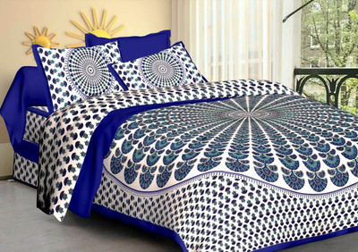 IkBedsheets Cotton Queen Flat 165 TC Jaipuri Prints Bedsheet(Pack of 1, Blue)