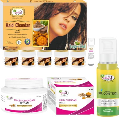 Sibley Beauty Haldi Chandan Facial Kit Combo with Haldi Chandan Instant Glow Facial Kit ( 155 gm + 10 ml) + Haldi Chandan Skin Whitening Fairness Facial Cream (1 x 50 gm) + Oil Control Lemon Peel & Lemongrass oil Face Wash(1 x 100 ml) - Skin Brightening Fairness Whitening Polishing Facial Kit for Me