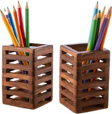 MD Furniturs 2 Compartments PURE ROSE WOOD PEN PENCIL HOLDER Combo(Brown)