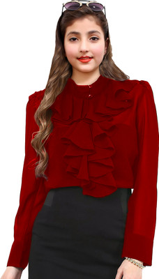 oriexfabb Girls Casual Poly Georgette Top(Red, Pack of 1)