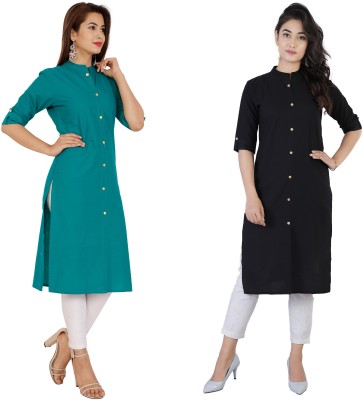 Rimeline Women Solid Frontslit Kurta(Green, Black)