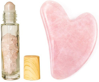 Getmecraft Rose Quartz Gua Sha With Roller Bottle Rose Quartz Gua Sha Scrapping Massage Tool WITH Rose Quartz ESSENTIAL OIL BOTTLE ROLLER Gua Sha Facial Tool, Stone Guasha Board for SPA Acupuncture Therapy Trigger Point Treatment Massager(Pink)