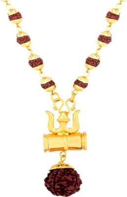 Moksh Spiritual Five Face Rudraksha Religious Jewelry Lord Shiv Trishul Damru Locket for Unisex (8MM 36Beads) Gold-plated Plated Brass, Wood Chain Wood Chain