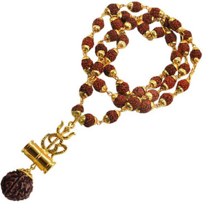 Moksh Spiritual Om Damaru Pendant Rudraksh With Original Panchmukhi Rudraksh Mala Shiv shakti Five Face Rudraksh wood chain for unisex pack of 1 Wood Chain