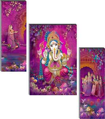 saf Set of 3 Ganesha Digital Reprint 12 inch x 18 inch Painting(With Frame, Pack of 3)