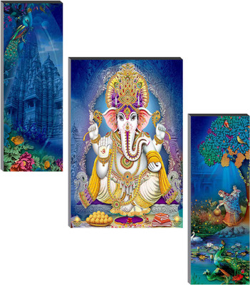 saf Set of 3 Ganesha Digital Reprint 12 inch x 18 inch Painting(With Frame, Pack of 3)