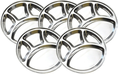 Omkar Enterprises Stainless Steel Round Plate - 4 Partition Divided, Lunch/Dinner/Bhojan/Thali Plates Sectioned Plate(Pack of 5)