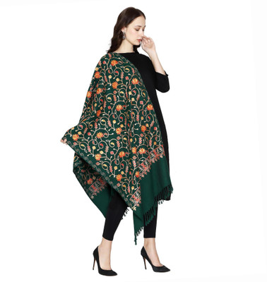 Kashmiri queen Wool Embroidered Women Shawl(Green)